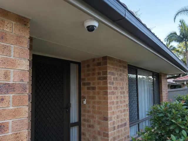 White dome CCTV camera mounted under a house eave above a brick entry in Coombabah