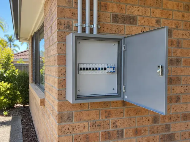Open outdoor switchboard mounted on a brick wall beside a window in Arundel